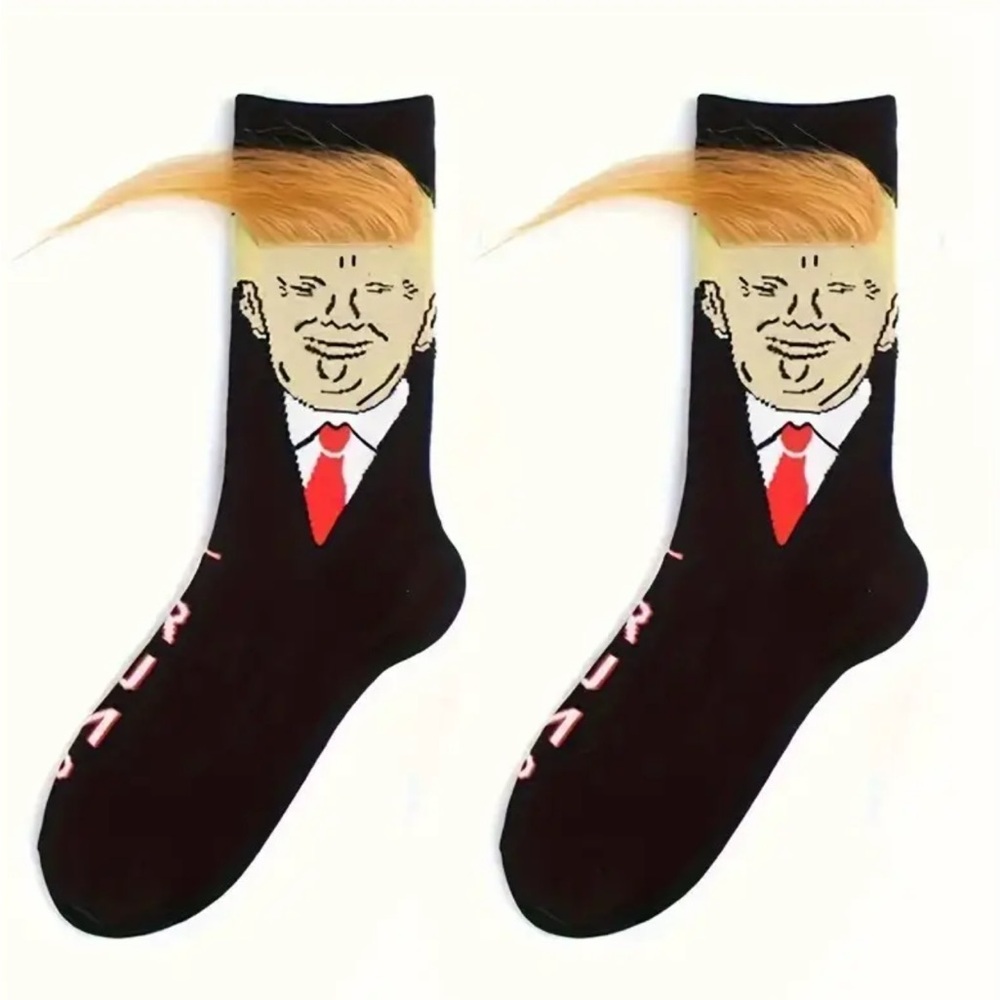 1 Pair‎ Novelty Cartoon Pattern Trump Crew Socks, Breathable Cotton Blend